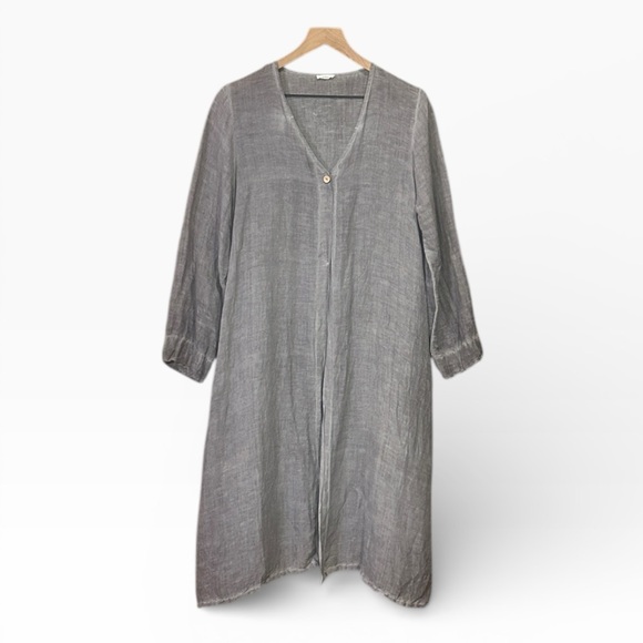 Dolma Gray Linen Tunic Duster Lagenlook Minimalist Oversized Artsy Long Top M-L - Picture 2 of 12